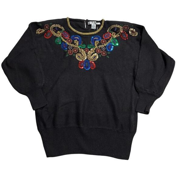 NWT VTG Victoria Harbour Paisley Sequin Beaded Sweater 90s Womens Sz Small Black - Picture 1 of 9